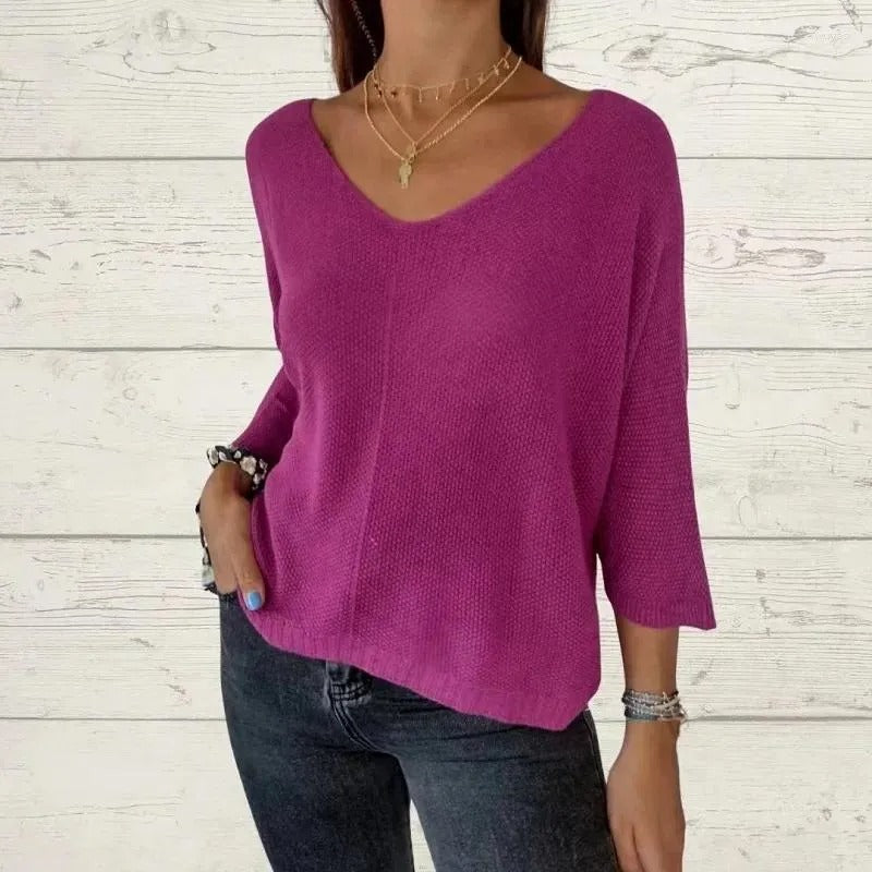 V-neck knitted casual pullover top
