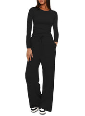 Two-piece Set Women's Solid Ruched Tee & Drawstring Pocket Pants Lounge Set