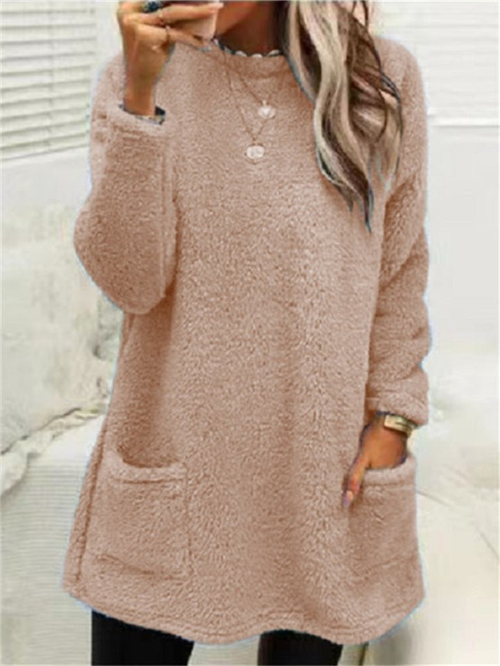 Women's Sweatshirt Pullover Sherpa Fleece Teddy Pocket Marron Blue Purple Solid Color Street Round Neck Long Sleeve Fleece S M L XL 2XL 3XL