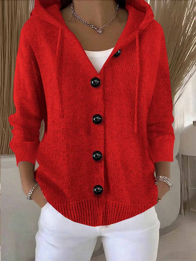 Women's Casual Hooded Long Sleeve Button Cardigan Sweater