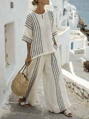 Women Summer Linen Loose Slit Contrast Striped Pants Set