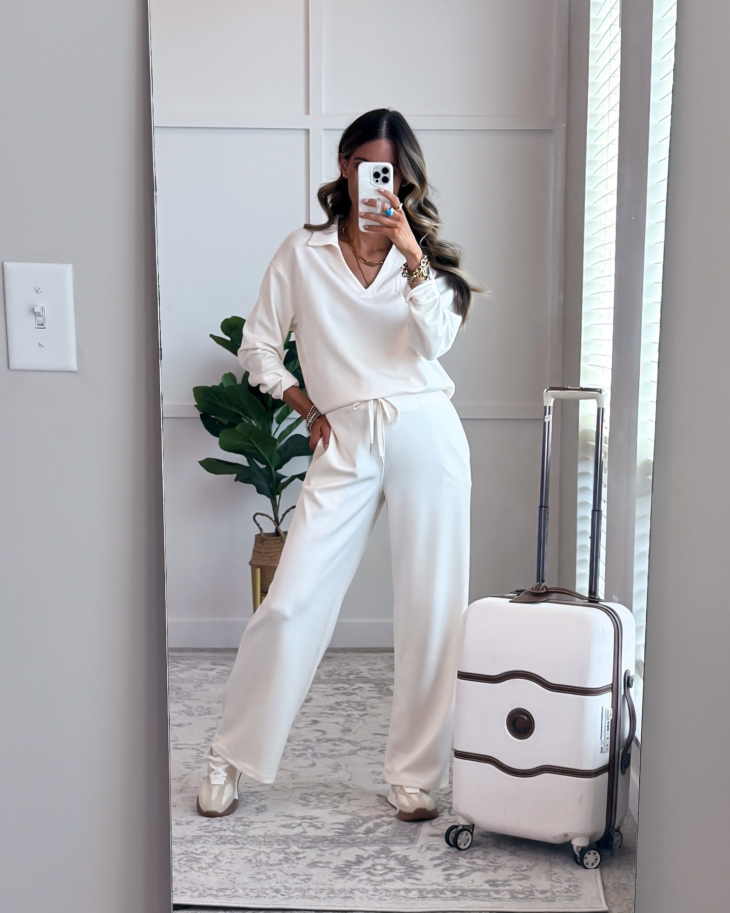 Women's Casual Long Sleeve Sweatsuits Polo Top and Wide Leg Pants Matching Sets