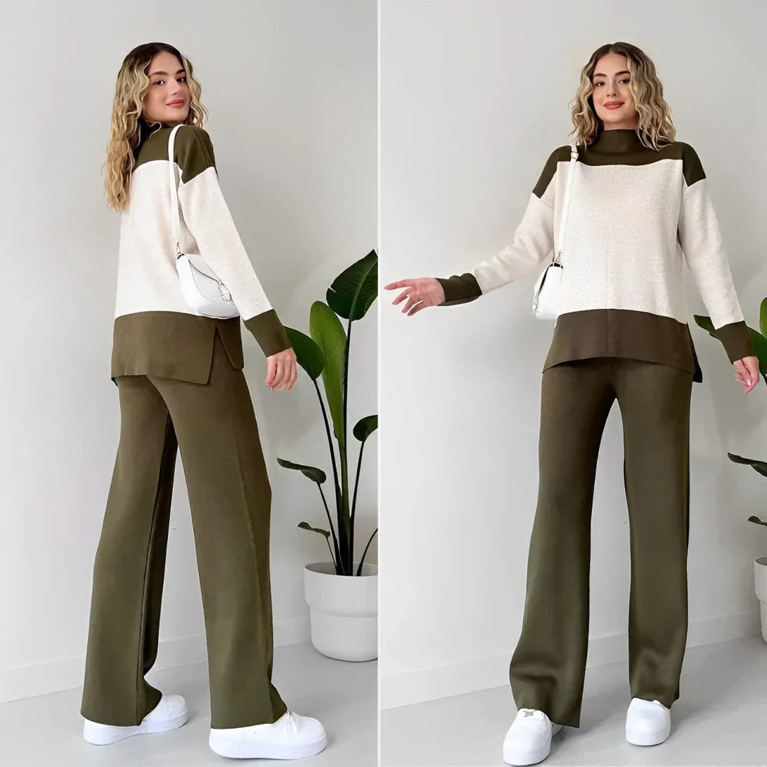 Long Sleeves Two piece Panel Knitted Suit Set