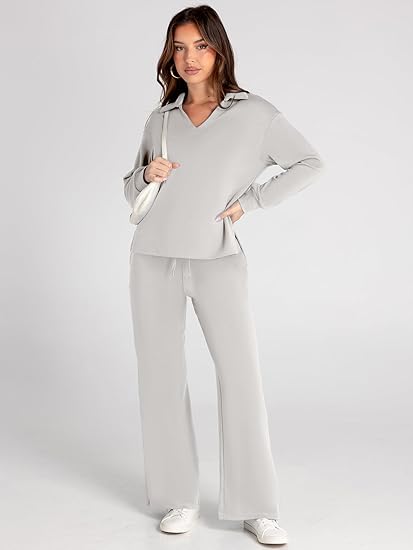 Women's Casual Long Sleeve Sweatsuits Polo Top and Wide Leg Pants Matching Sets