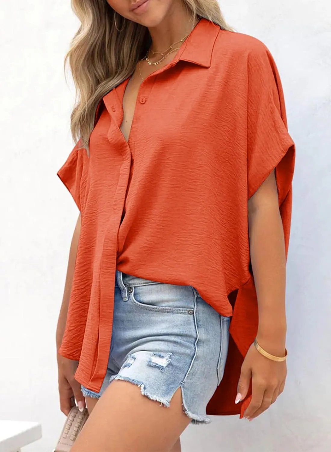 Women's Casual Button Short Sleeve Slit Hem Shirt Solid Color Tops