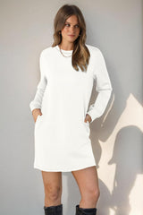 Long Sleeve Casual Loose Fit Fall Fashion Crewneck Mini Dress with Pockets