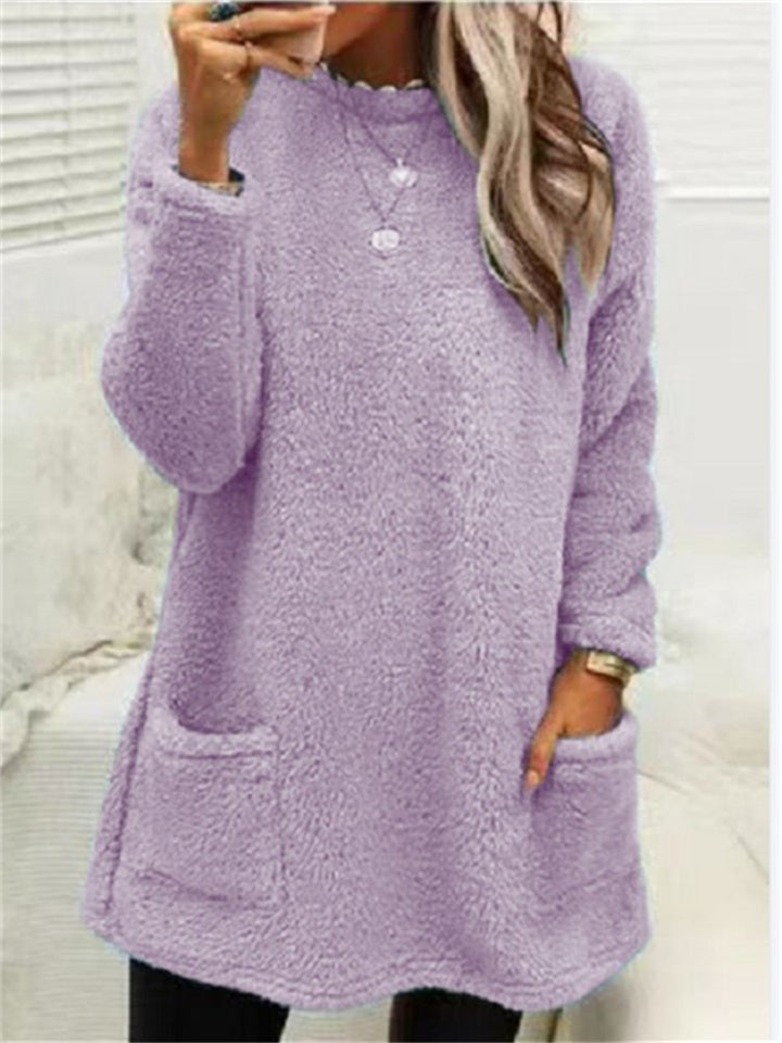 Women's Sweatshirt Pullover Sherpa Fleece Teddy Pocket Marron Blue Purple Solid Color Street Round Neck Long Sleeve Fleece S M L XL 2XL 3XL