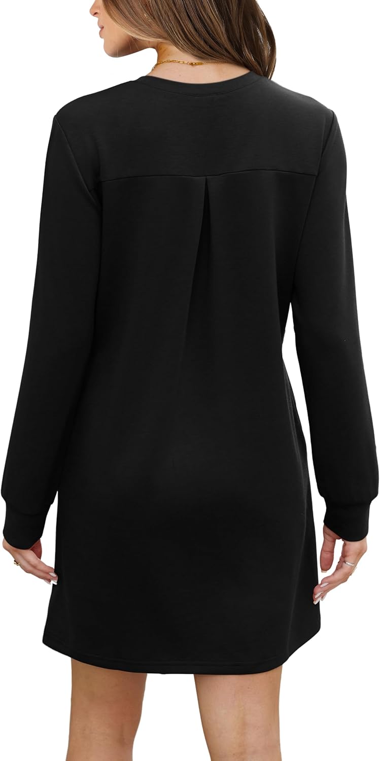 Women Long Sleeve Casual Crewneck Mini Dress with Pockets