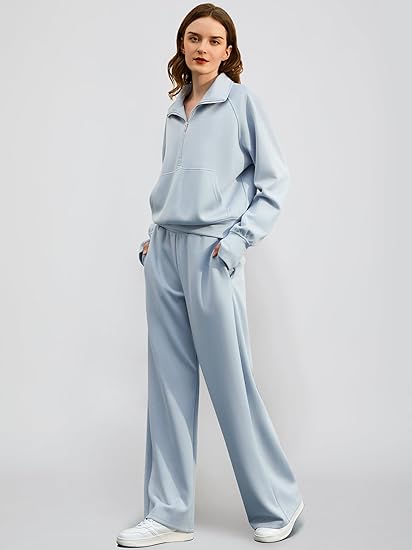 2024 Oversized Half Zip Sweatshirt Wide Leg Sweatpant Set Sweatsuit Tracksuit