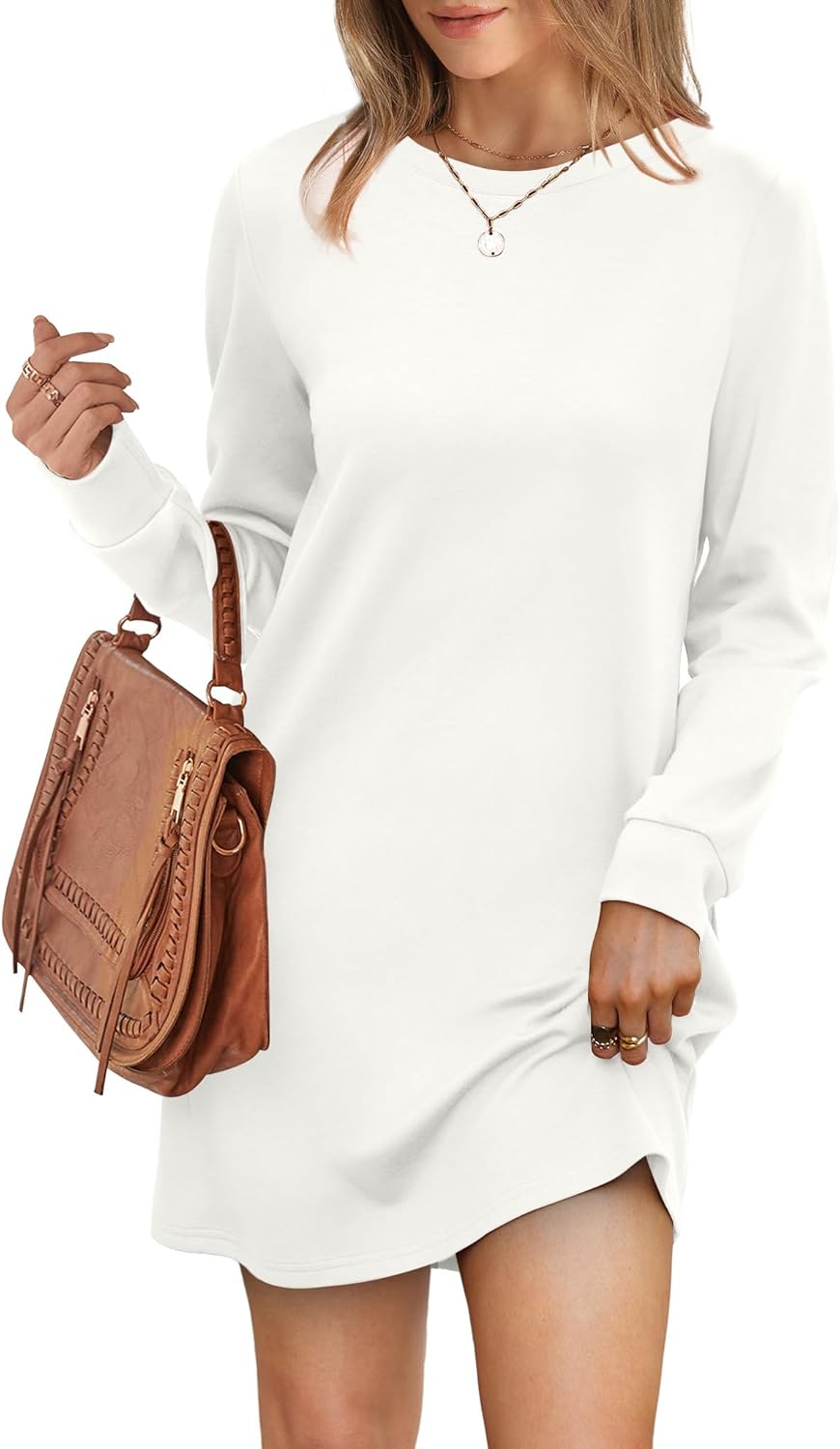 Women Long Sleeve Casual Crewneck Mini Dress with Pockets