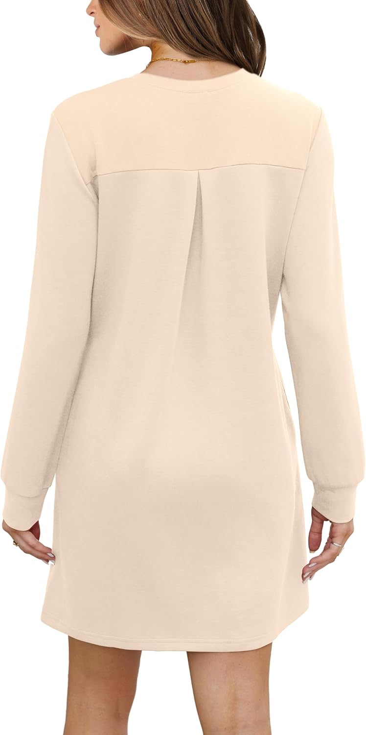 Women Long Sleeve Casual Crewneck Mini Dress with Pockets