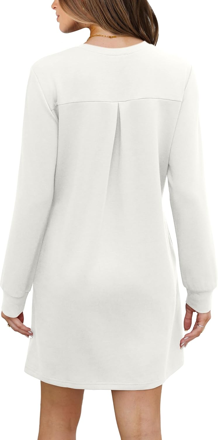 Women Long Sleeve Casual Crewneck Mini Dress with Pockets