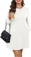 Long Sleeve Casual Loose Fit Fall Fashion Crewneck Mini Dress with Pockets