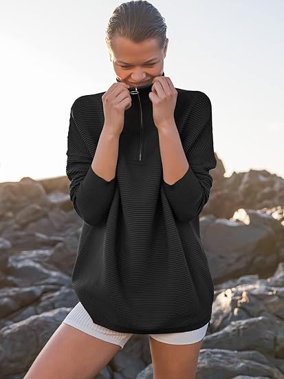 2024 Fall Quarter Zip Oversized Casual Loose Rib Knit Cozy Pullover