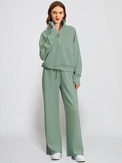 2024 Oversized Half Zip Sweatshirt Wide Leg Sweatpant Set Sweatsuit Tracksuit