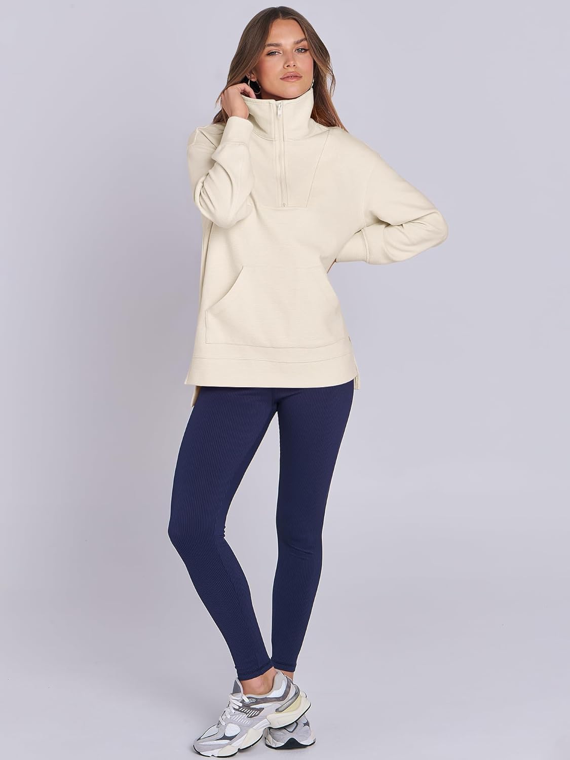 Oversized High Neck Half Zip Knit Sweatshirts