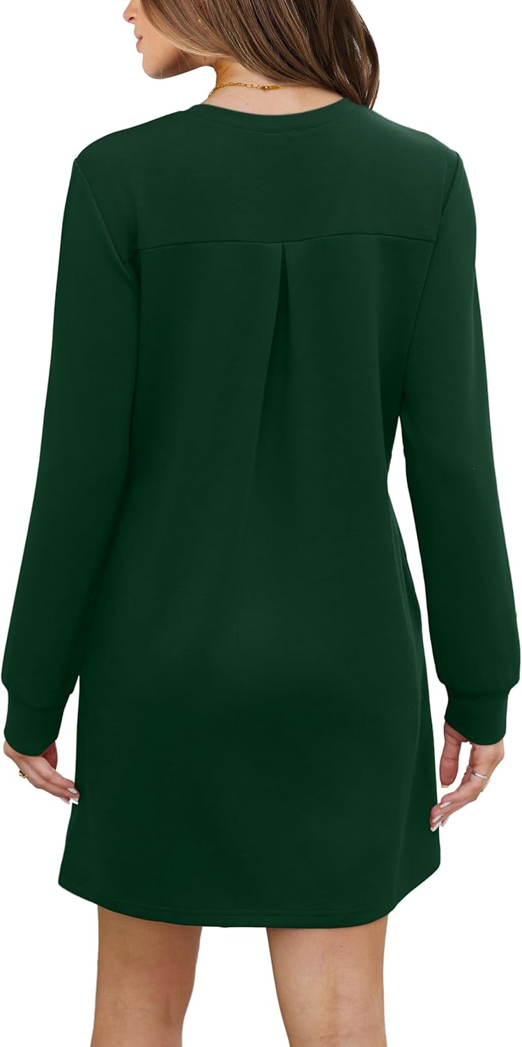 Long Sleeve Casual Loose Fit Fall Fashion Crewneck Mini Dress with Pockets