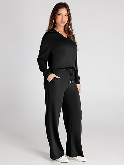 Women's Casual Long Sleeve Sweatsuits Polo Top and Wide Leg Pants Matching Sets