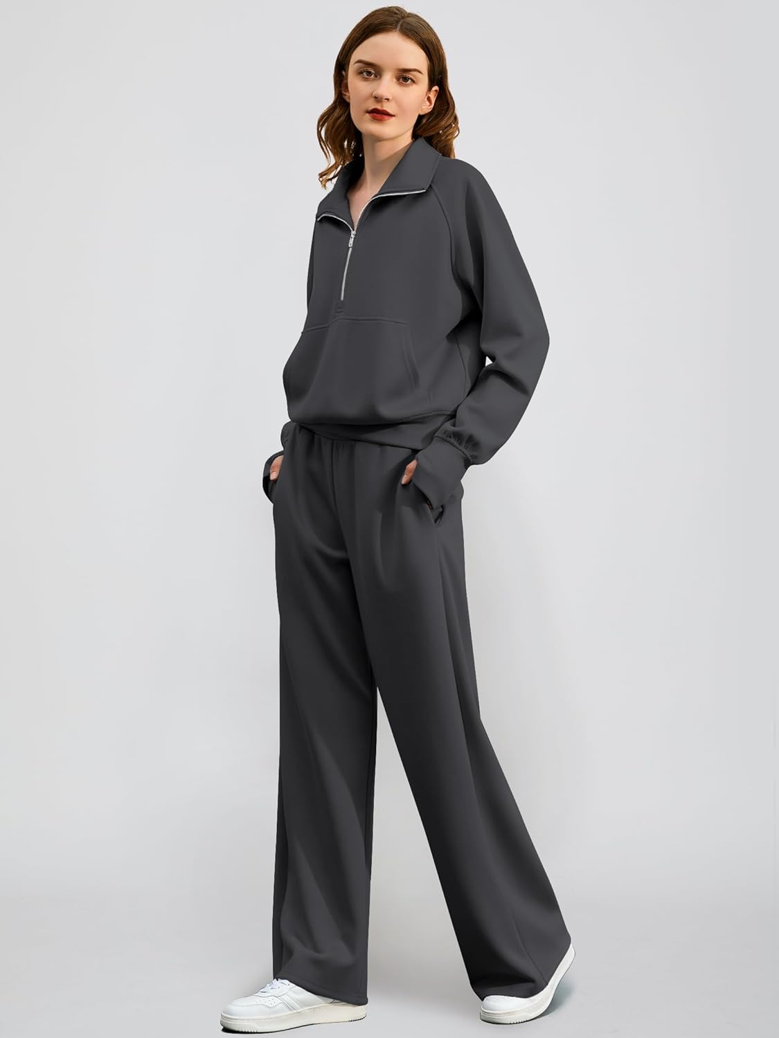 2024 Oversized Half Zip Sweatshirt Wide Leg Sweatpant Set Sweatsuit Tracksuit