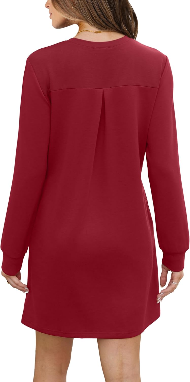 Women Long Sleeve Casual Crewneck Mini Dress with Pockets