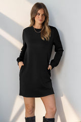 Women Long Sleeve Casual Crewneck Mini Dress with Pockets