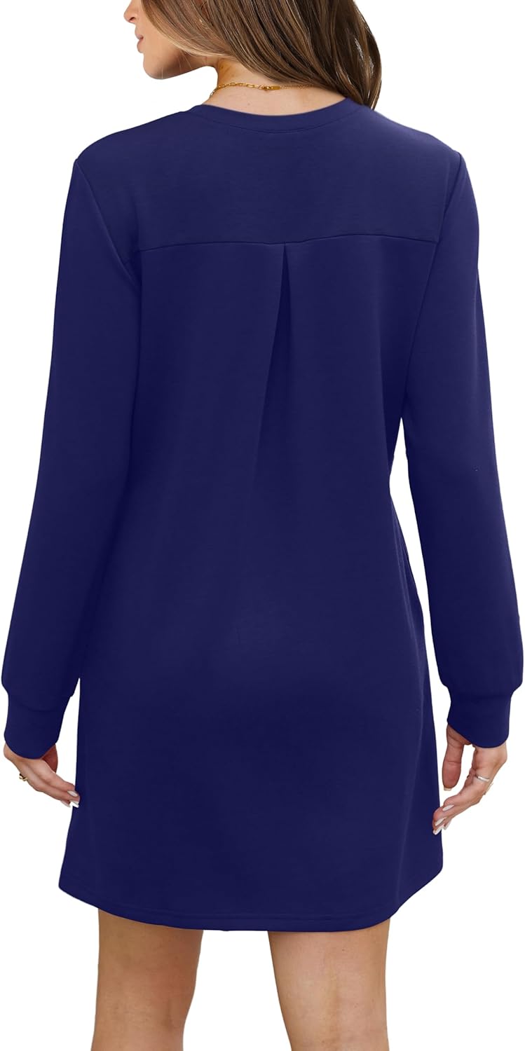 Women Long Sleeve Casual Crewneck Mini Dress with Pockets