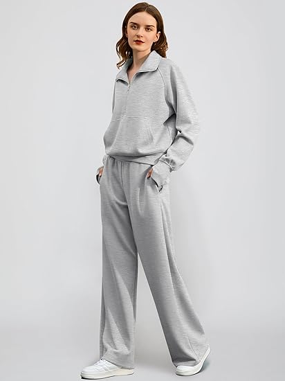 2024 Oversized Half Zip Sweatshirt Wide Leg Sweatpant Set Sweatsuit Tracksuit