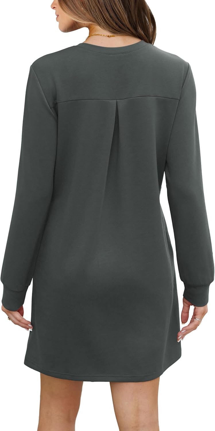 Women Long Sleeve Casual Crewneck Mini Dress with Pockets