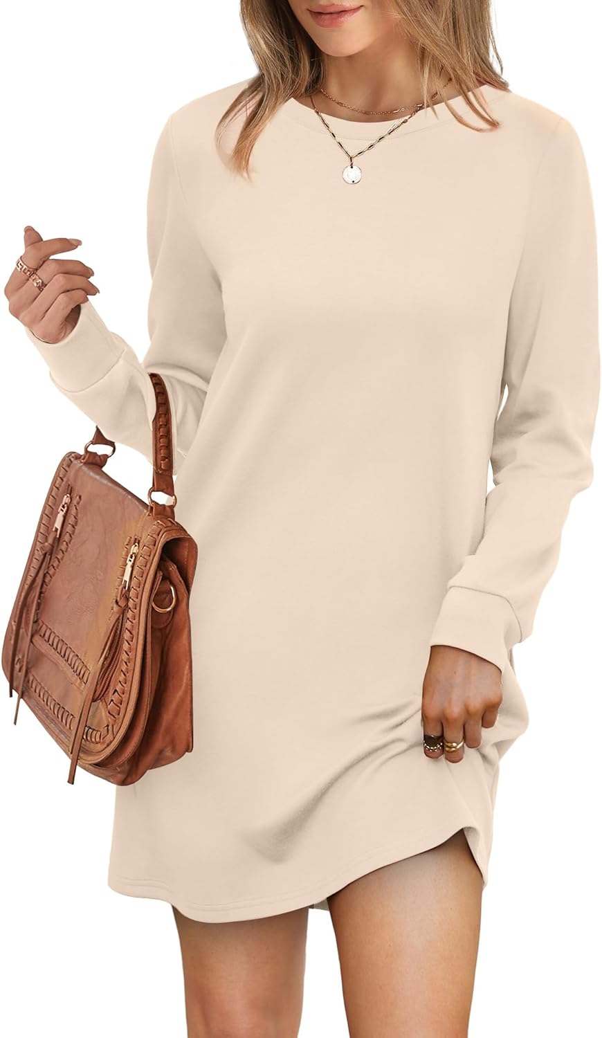 Long Sleeve Casual Loose Fit Fall Fashion Crewneck Mini Dress with Pockets