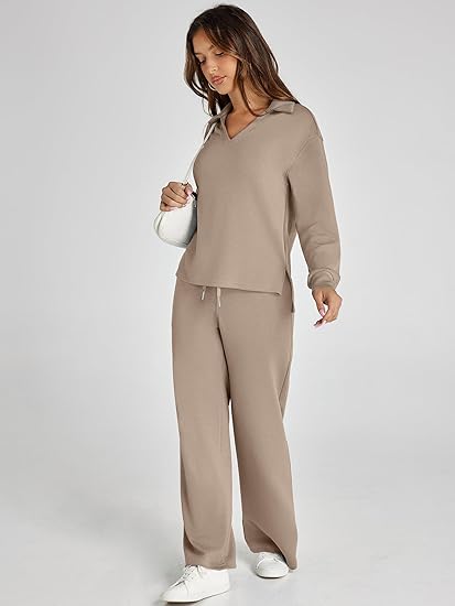 Women's Casual Long Sleeve Sweatsuits Polo Top and Wide Leg Pants Matching Sets