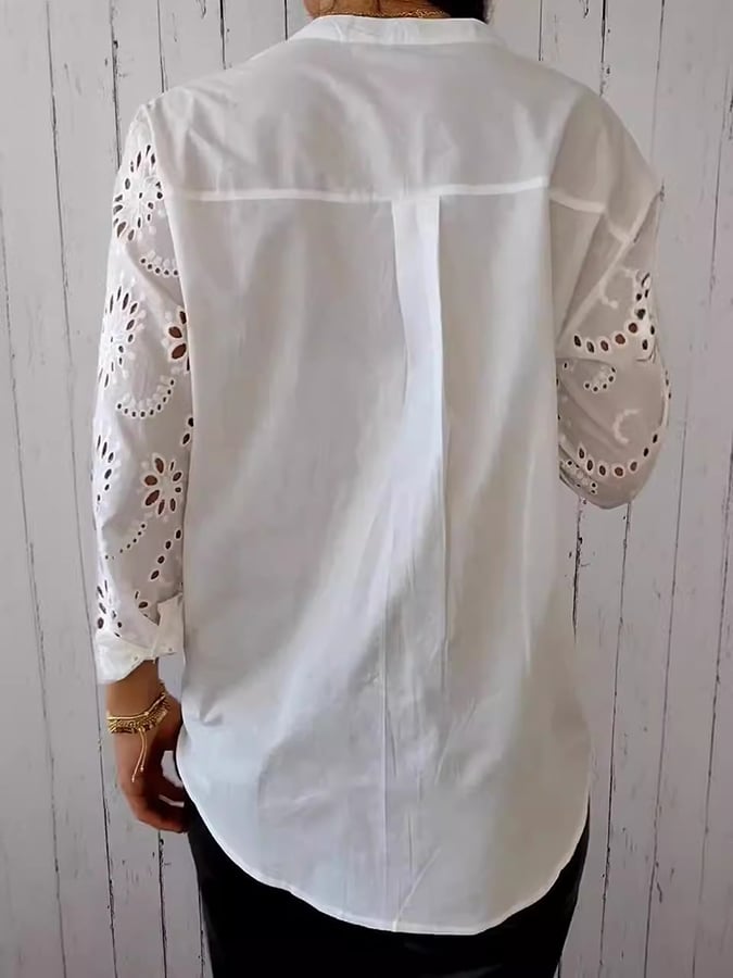 Women's Solid Color V-Neck Hollow Design Casual Shirt