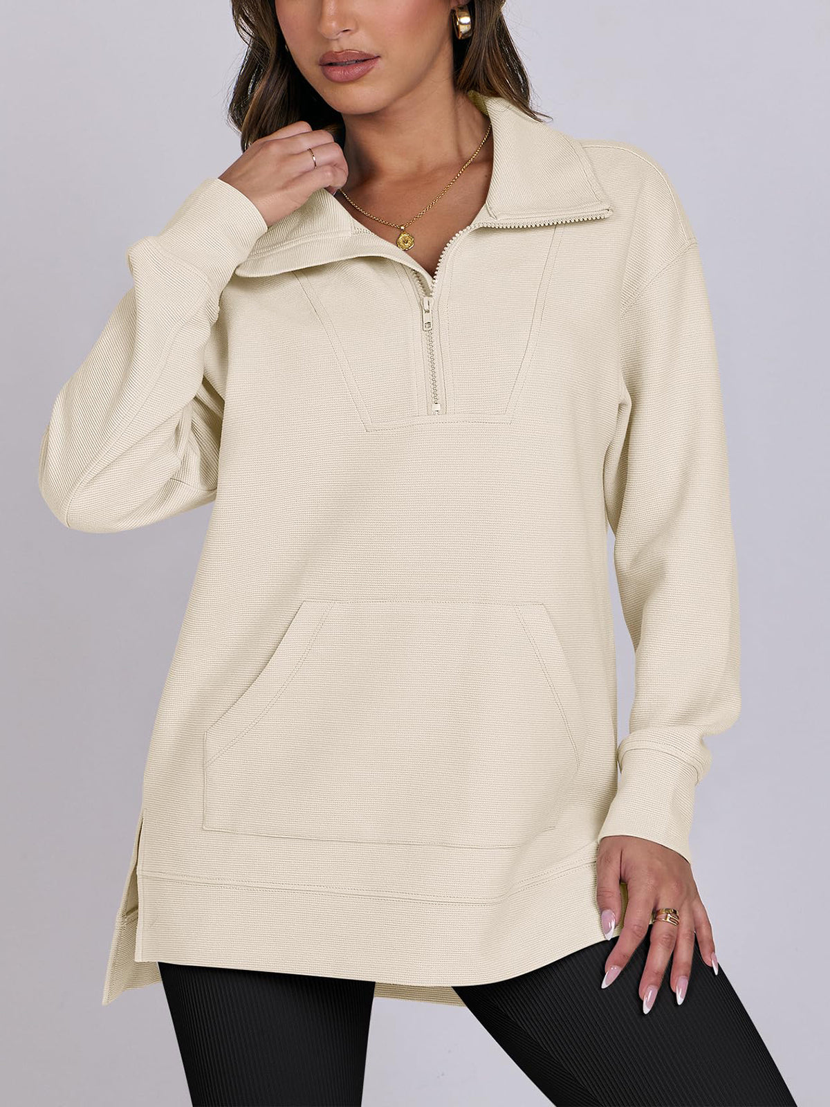 Women's Oversized High Neck Half Zip Knit Sweatshirt (Buy 2 Free Shipping)