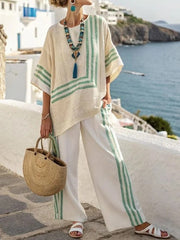 Ladies' Round Neck Striped Loose Casual Suit