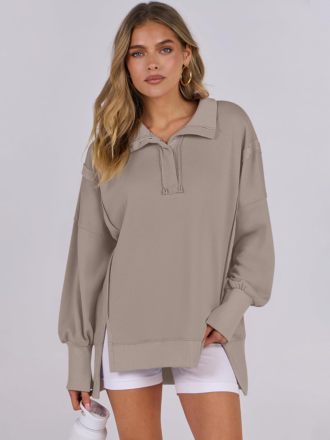 Women's Oversized Casual Loose Button Up Henley Pullover Sweatshirts