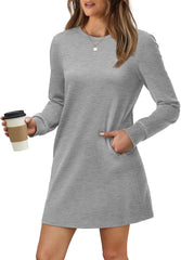 Women Long Sleeve Casual Crewneck Mini Dress with Pockets