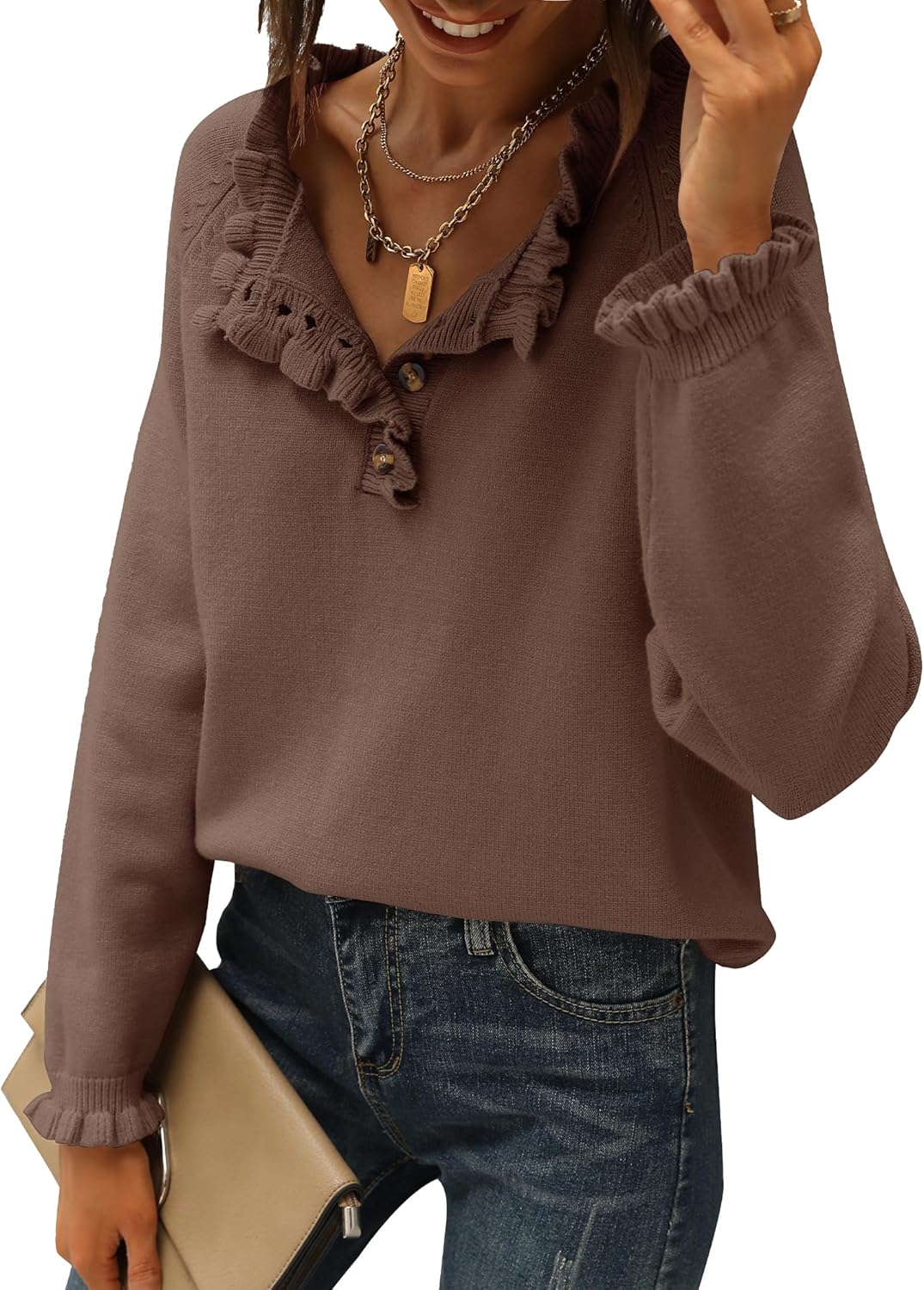 CLEARANCE SALE🔥Ruffle Trim Casual Knit Pullover Tops﻿