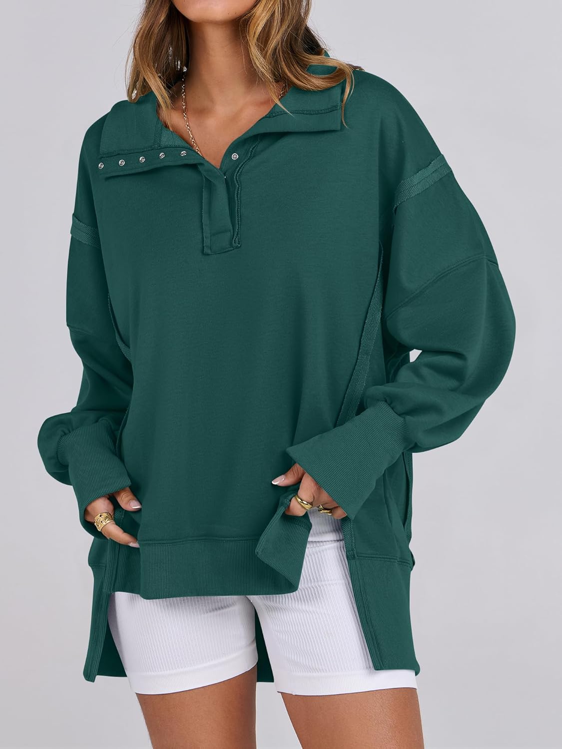Women's Oversized Casual Loose Button Up Henley Pullover Sweatshirts