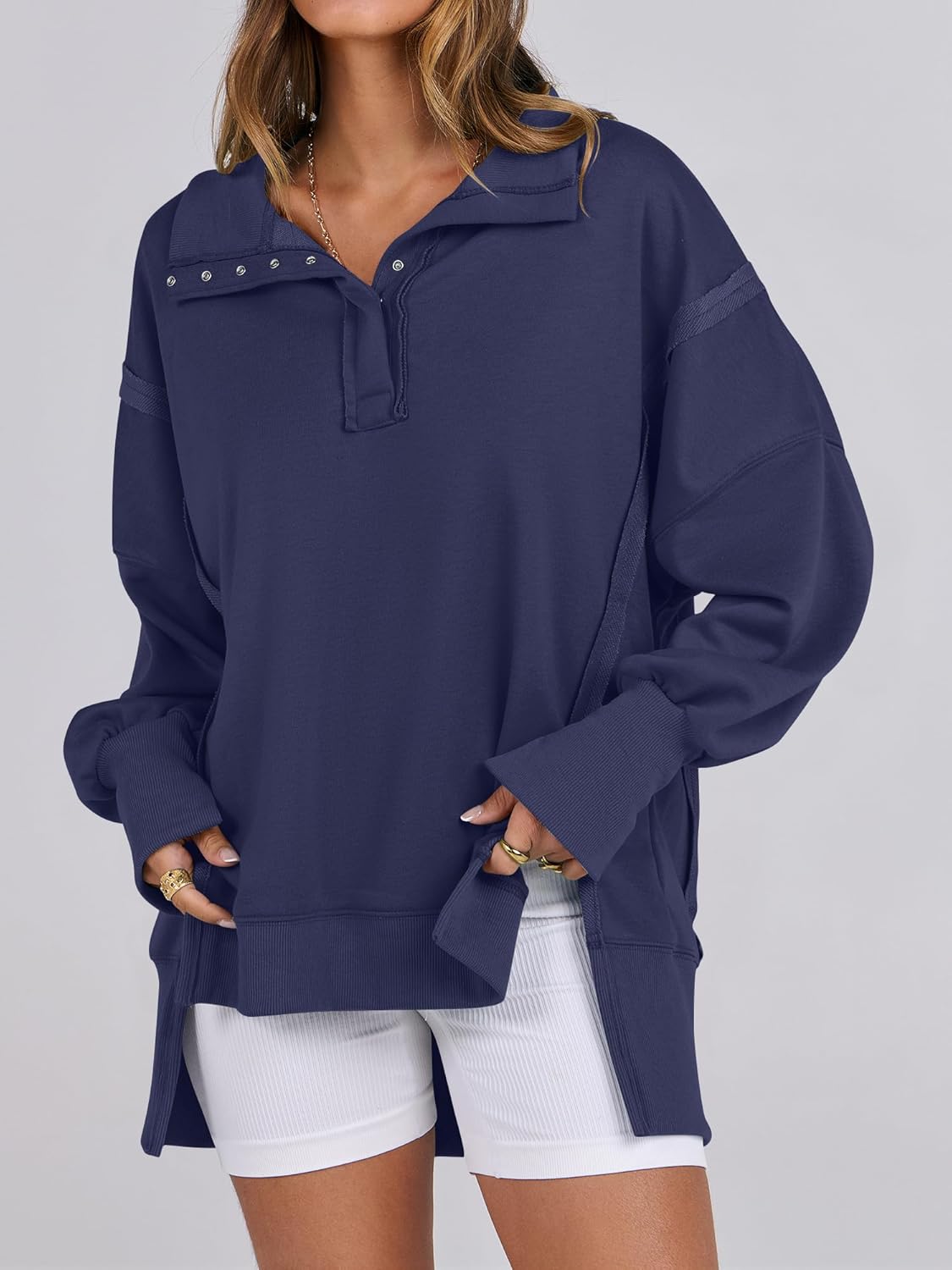 Women's Oversized Casual Loose Button Up Henley Pullover Sweatshirts