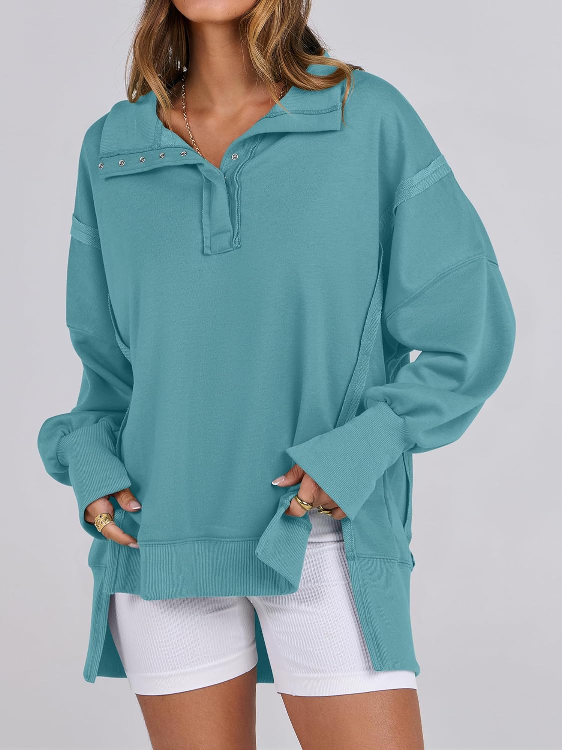 Women's Oversized Casual Loose Button Up Henley Pullover Sweatshirts