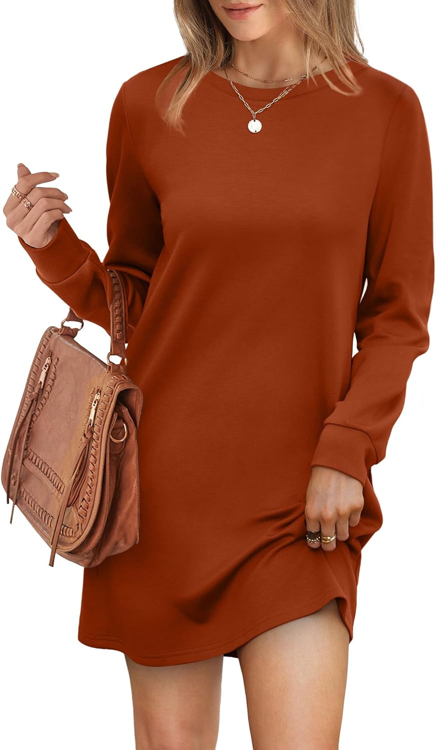Long Sleeve Casual Loose Fit Fall Fashion Crewneck Mini Dress with Pockets