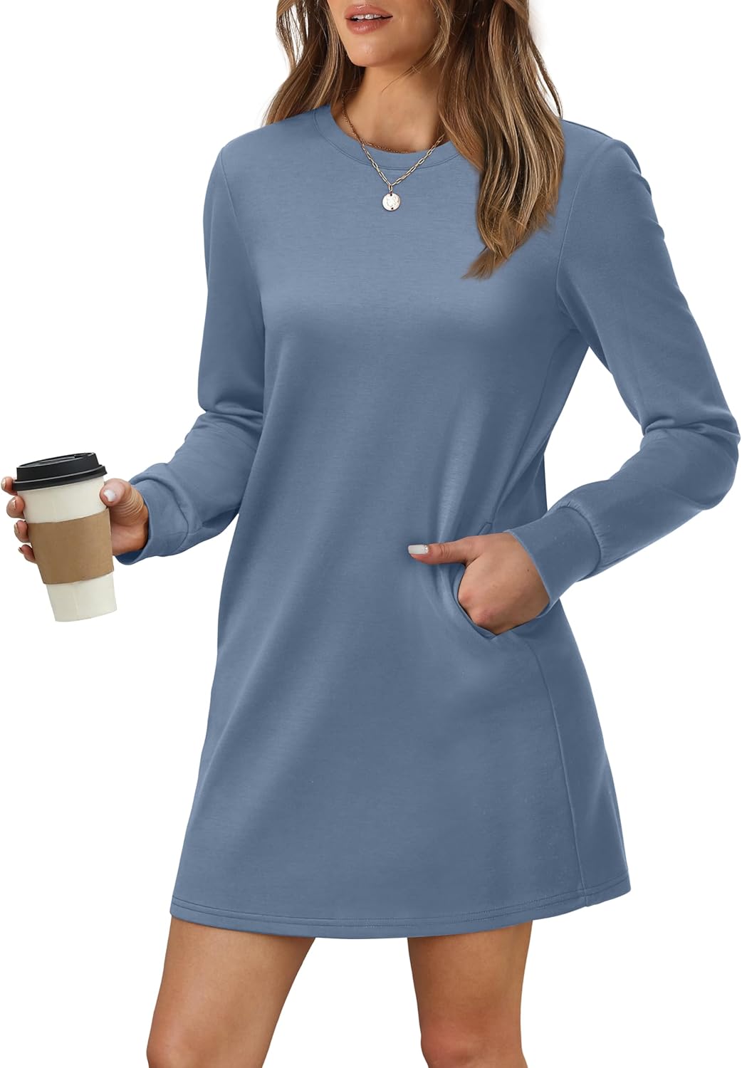 Women Long Sleeve Casual Crewneck Mini Dress with Pockets