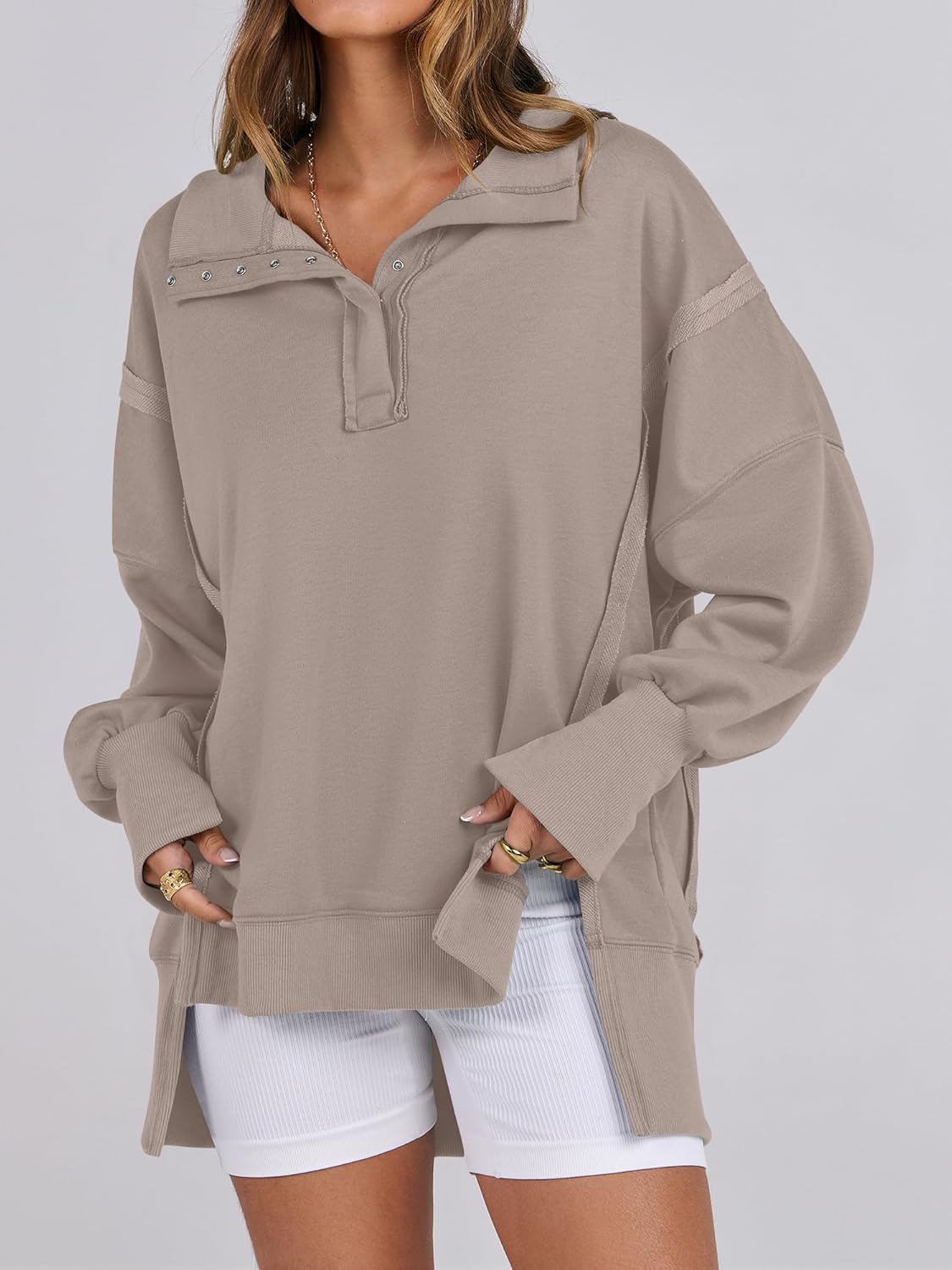 Women's Oversized Casual Loose Button Up Henley Pullover Sweatshirts