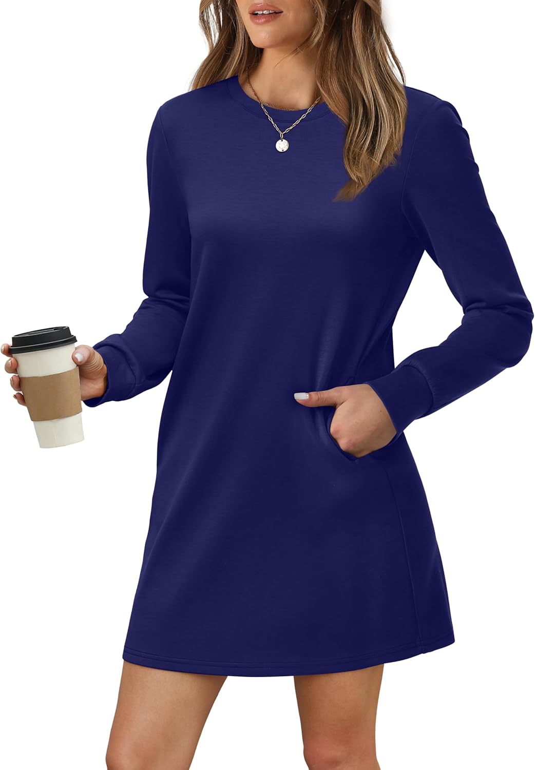 Women Long Sleeve Casual Crewneck Mini Dress with Pockets