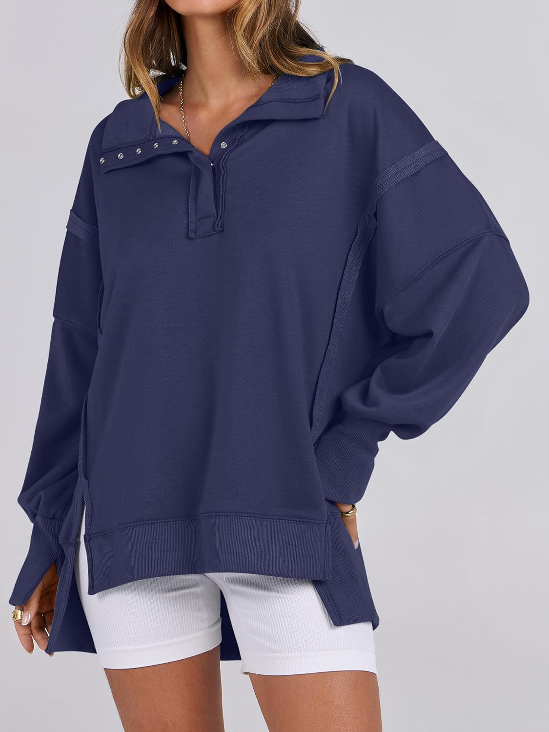 Women's Oversized Casual Loose Button Up Henley Pullover Sweatshirts
