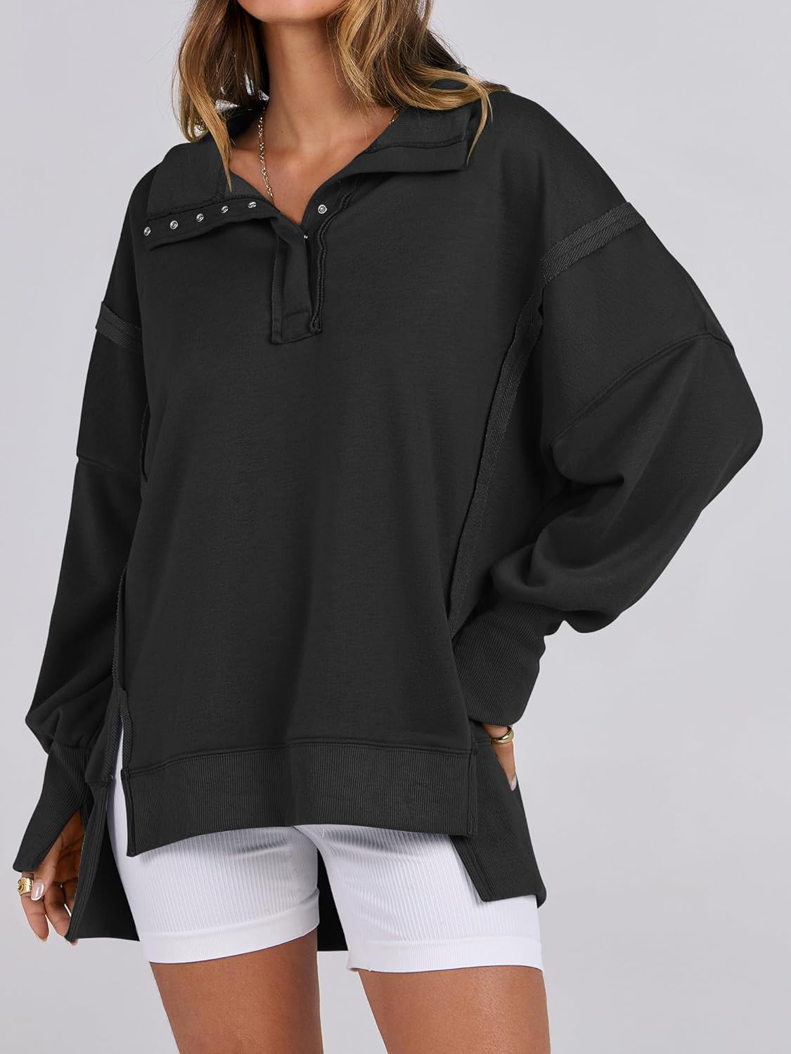 Women's Oversized Casual Loose Button Up Henley Pullover Sweatshirts