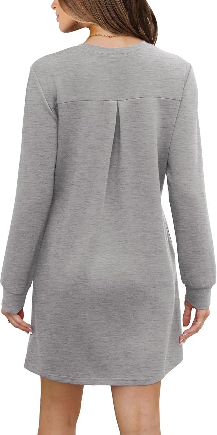 Long Sleeve Casual Loose Fit Fall Fashion Crewneck Mini Dress with Pockets