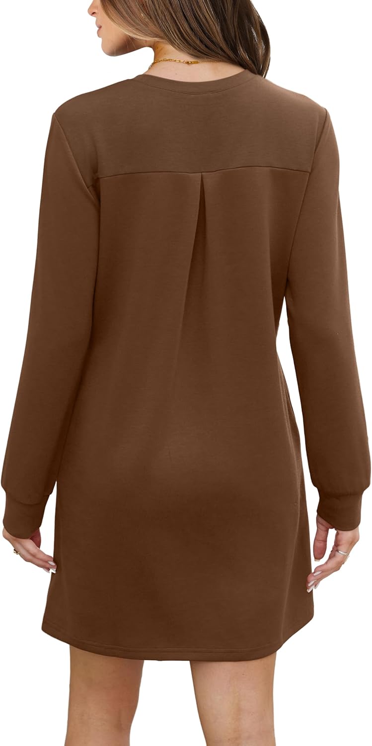 Women Long Sleeve Casual Crewneck Mini Dress with Pockets