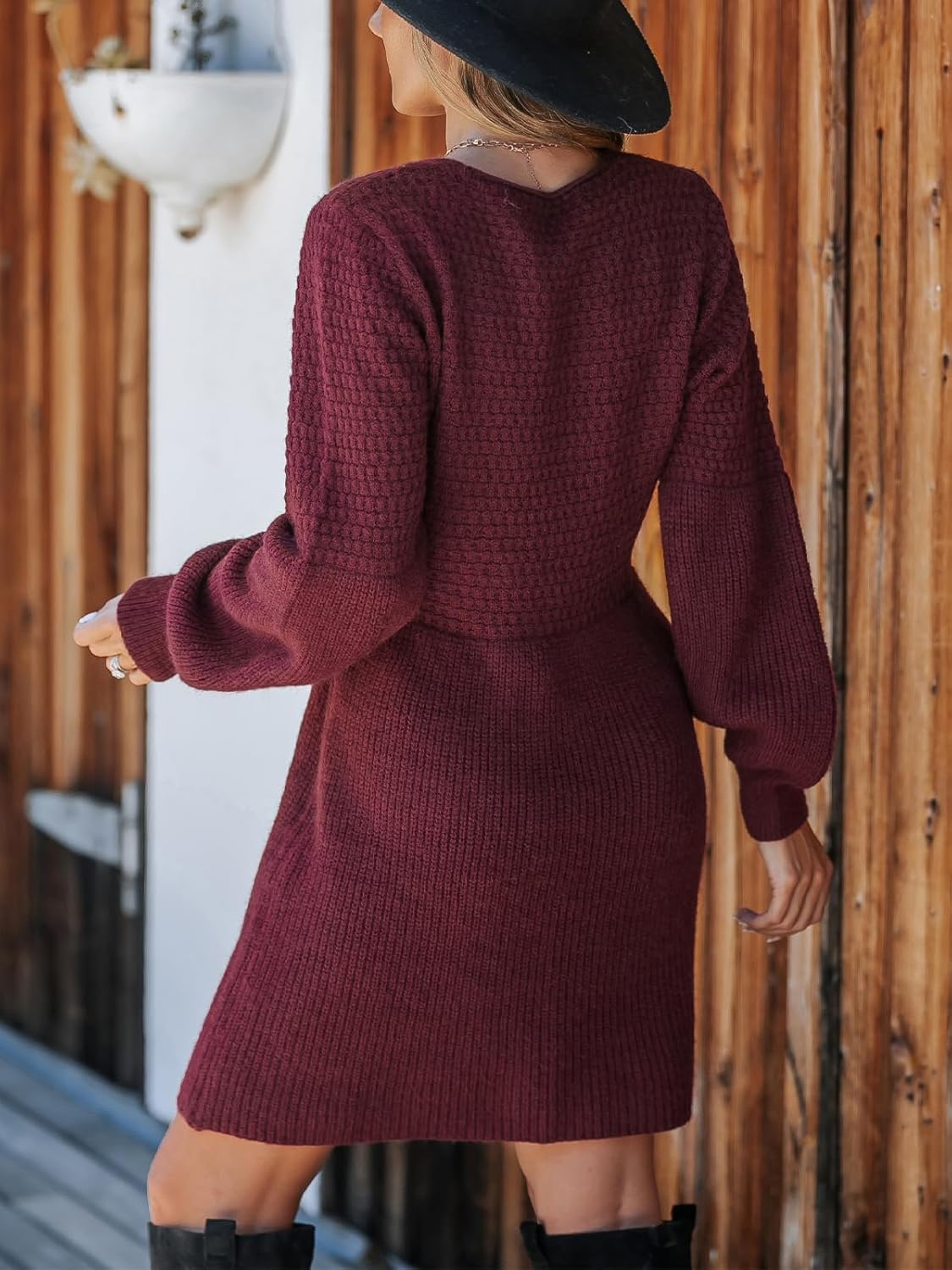Honeycomb Knit V-Neck Mini Sweater Dress