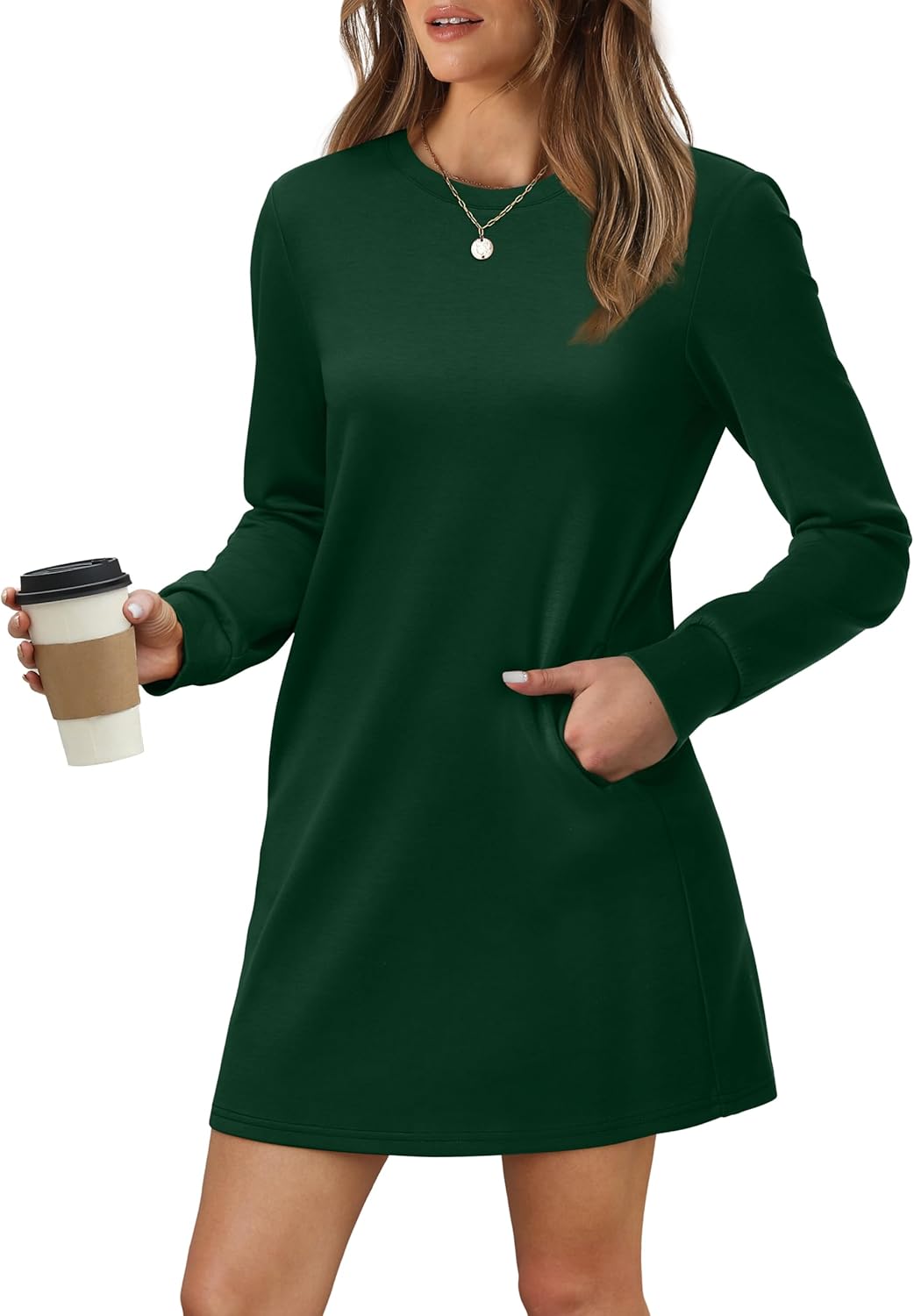 Women Long Sleeve Casual Crewneck Mini Dress with Pockets