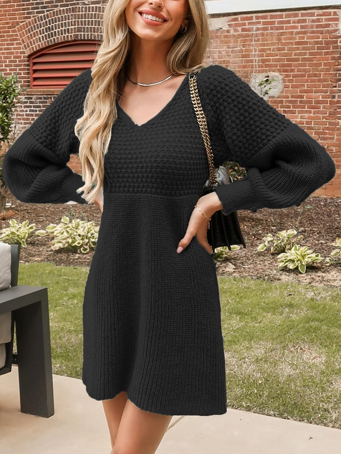 Honeycomb Knit V-Neck Mini Sweater Dress